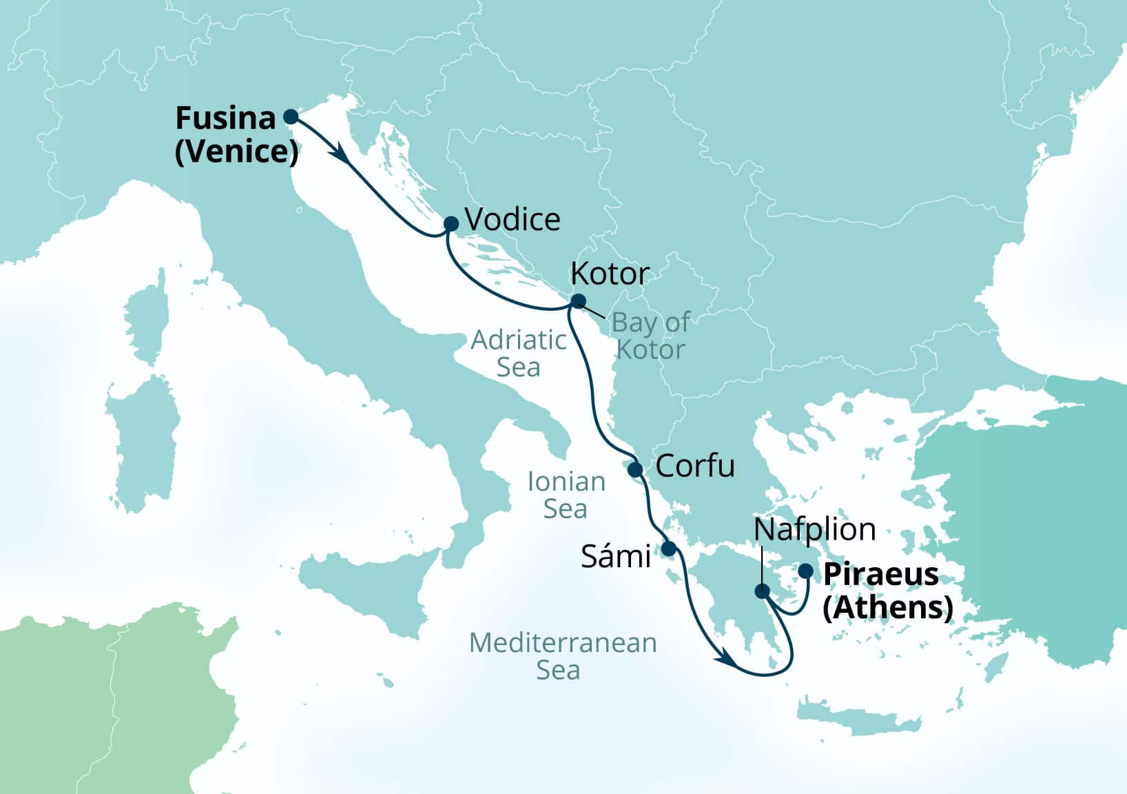 MapDepicting 7-Day Adriatic & Greek Treasures Departs Piraeus (Athens), Greece Arrive Fusina (Venice), Italy