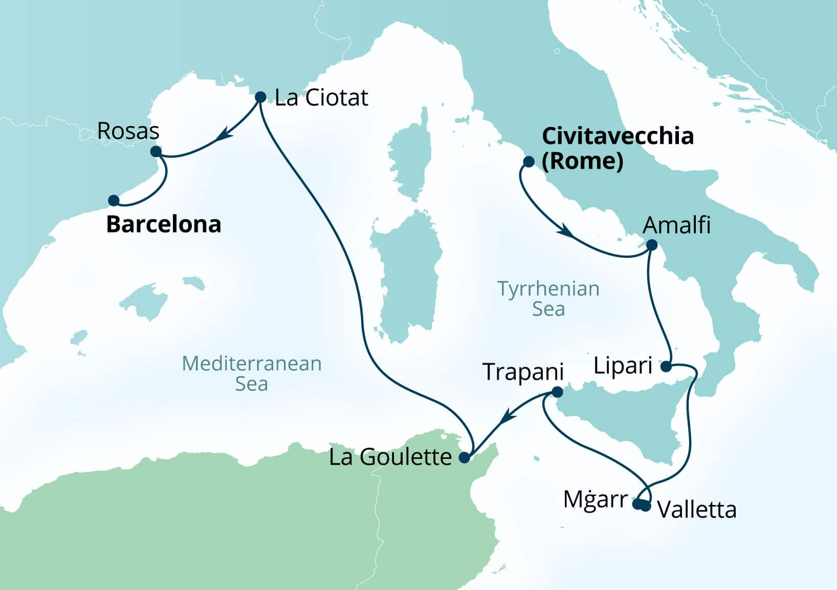 MapDepicting 10-Day Riviera & Mediterranean Jewels Departs Barcelona, Spain Arrive Civitavecchia (Rome), Italy