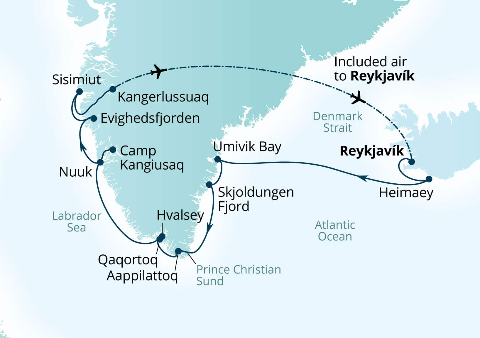 MapDepicting 13-Day Glaciers, Fjords & Indigenous Cultures Departs Reykjavik, Iceland Arrive Reykjavik, Iceland