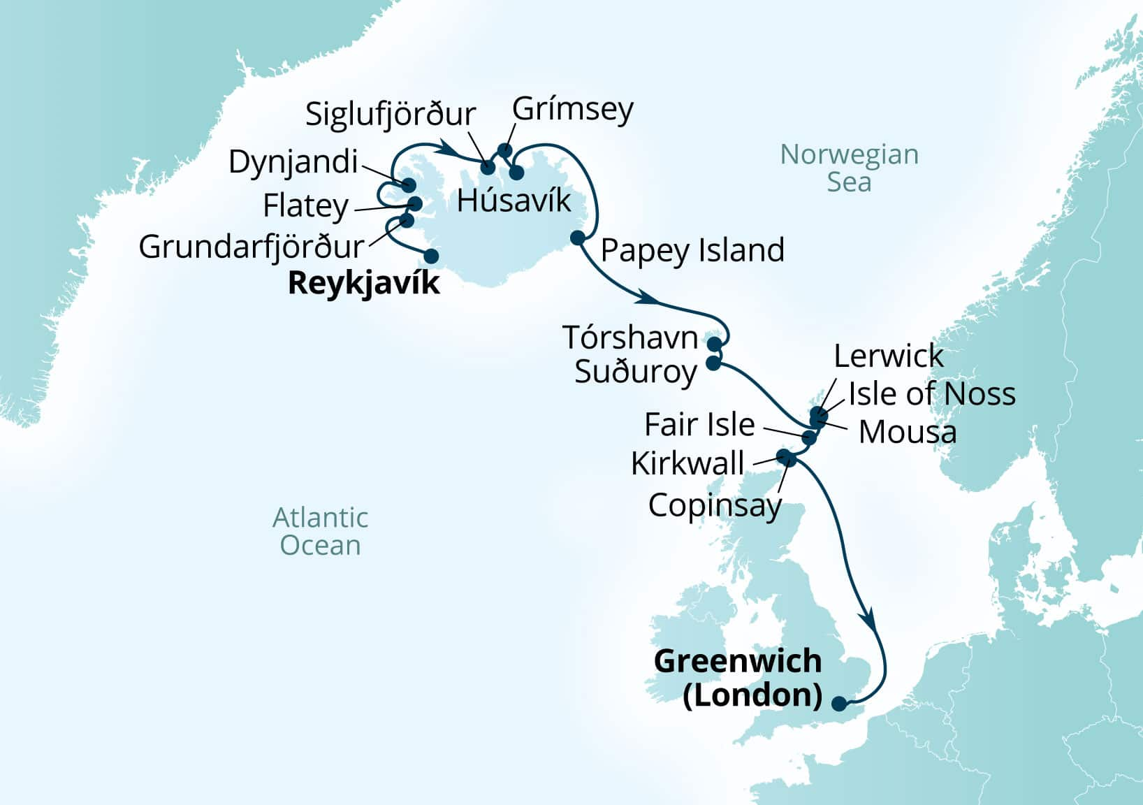 MapDepicting 14-Day Northern Isles: Iceland, Faroe Islands & Scotland Departs Greenwich (London), England, United Kingdom Arrive Reykjavik, Iceland