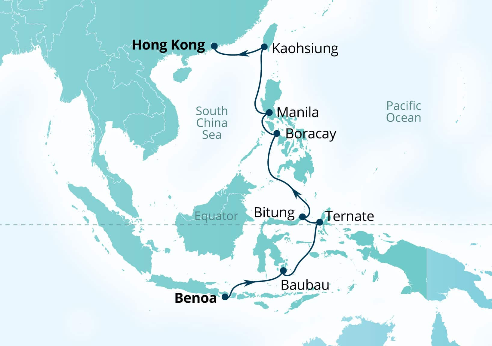 MapDepicting 14-Day Indonesia & The Philippines Departs Hong Kong, China Arrive Benoa (Denpasar), Bali, Indonesia