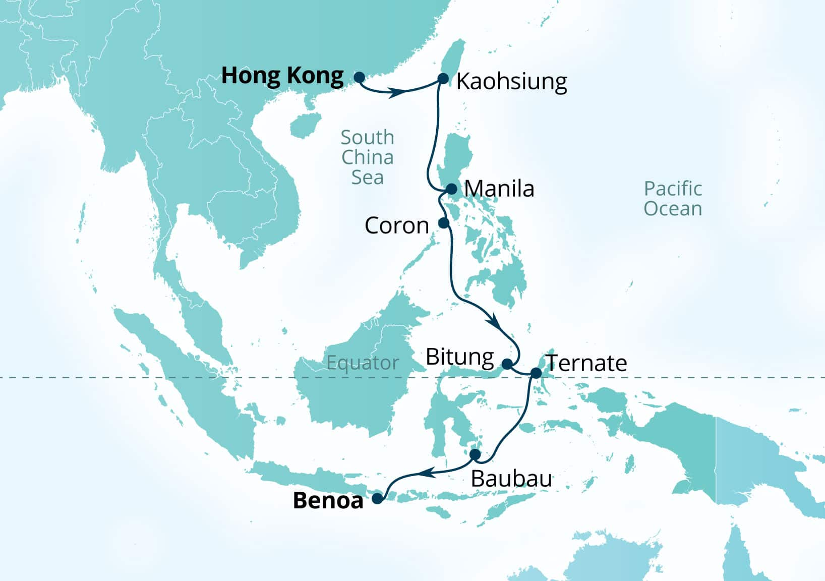 MapDepicting 14-Day Taiwan, Philippines & Indonesia Departs Benoa (Denpasar), Bali, Indonesia Arrive Hong Kong, China