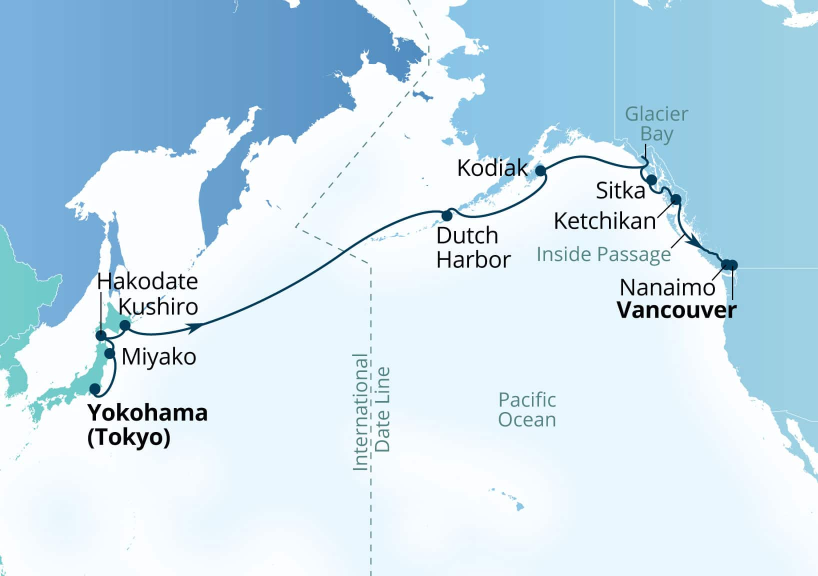 MapDepicting 20-Day Pacific Passage: Golden Week To Glacier Bay Departs Vancouver, B.C., CA Arrive Yokohama, Japan