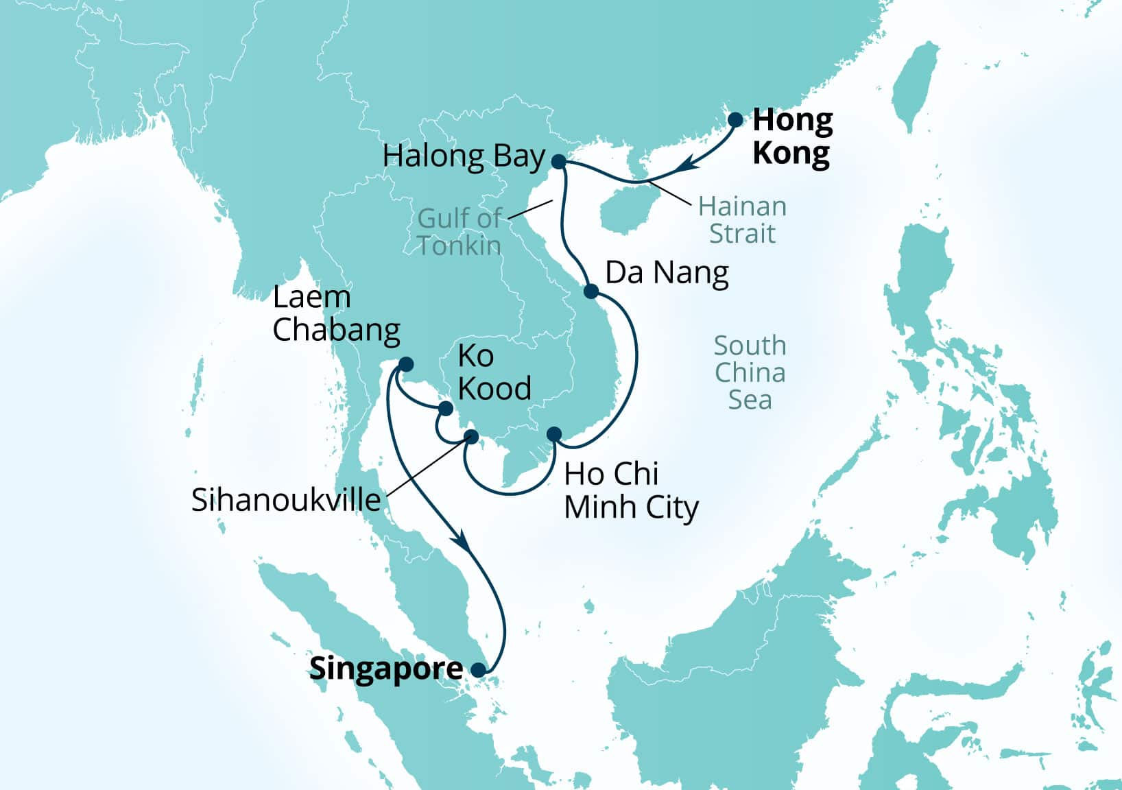 MapDepicting 14-Day Thailand, Cambodia & Vietnam Departs Singapore Arrive Hong Kong, China