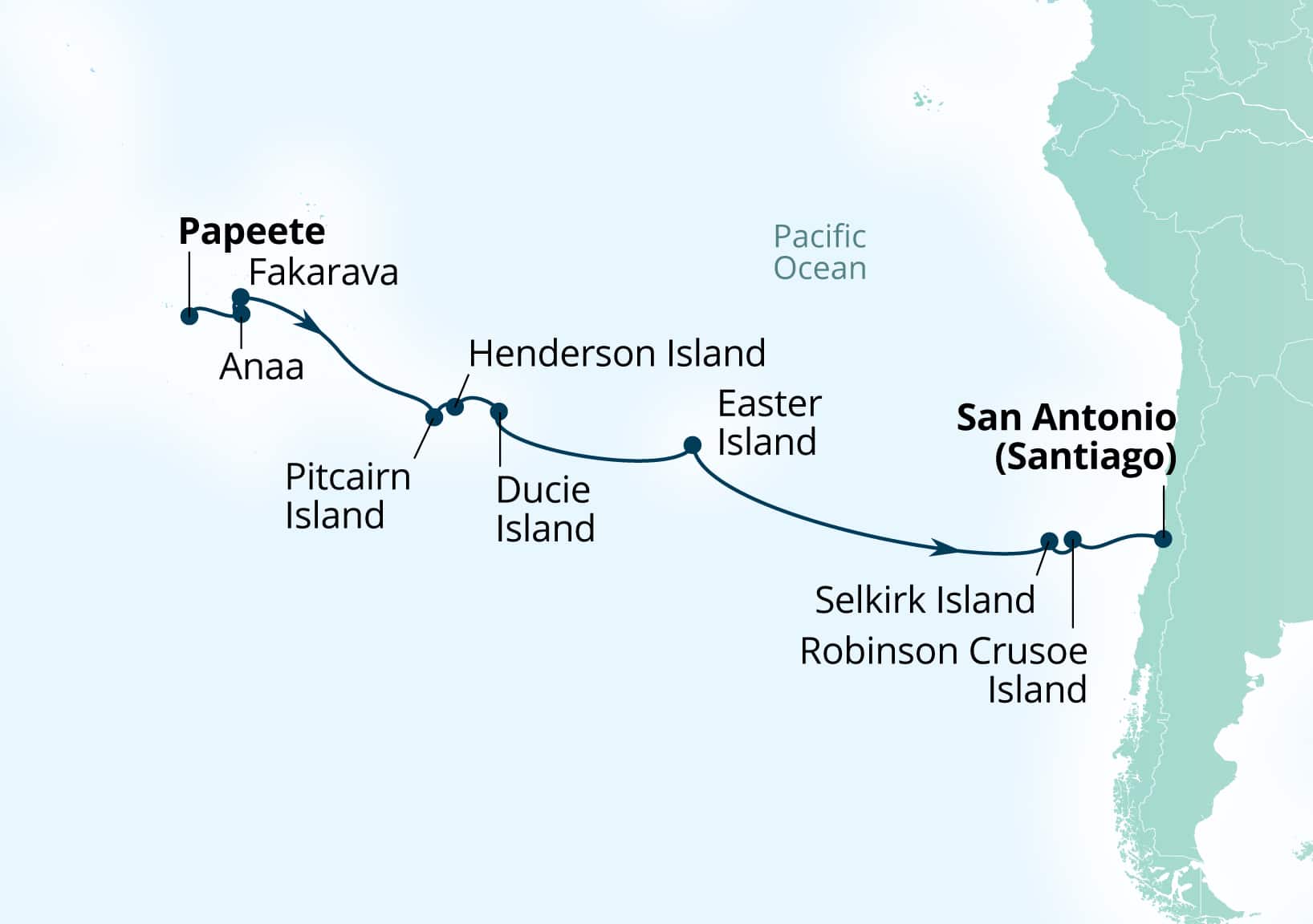 MapDepicting 20-Day Easter & Pitcairn Islands: Marooned, Moai & Mutineers Departs San Antonio (Santiago), Chile Arrive Papeete, French Polynesia