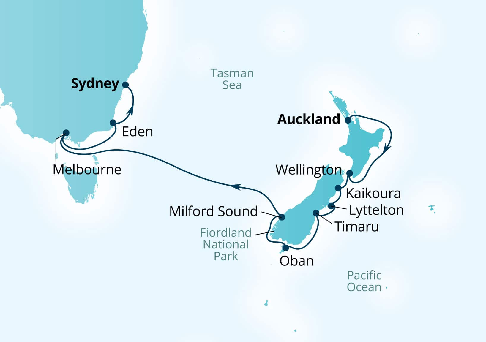 MapDepicting 14-Day New Zealand & Australia Holiday Departs Sydney, Australia Arrive Auckland, New Zealand