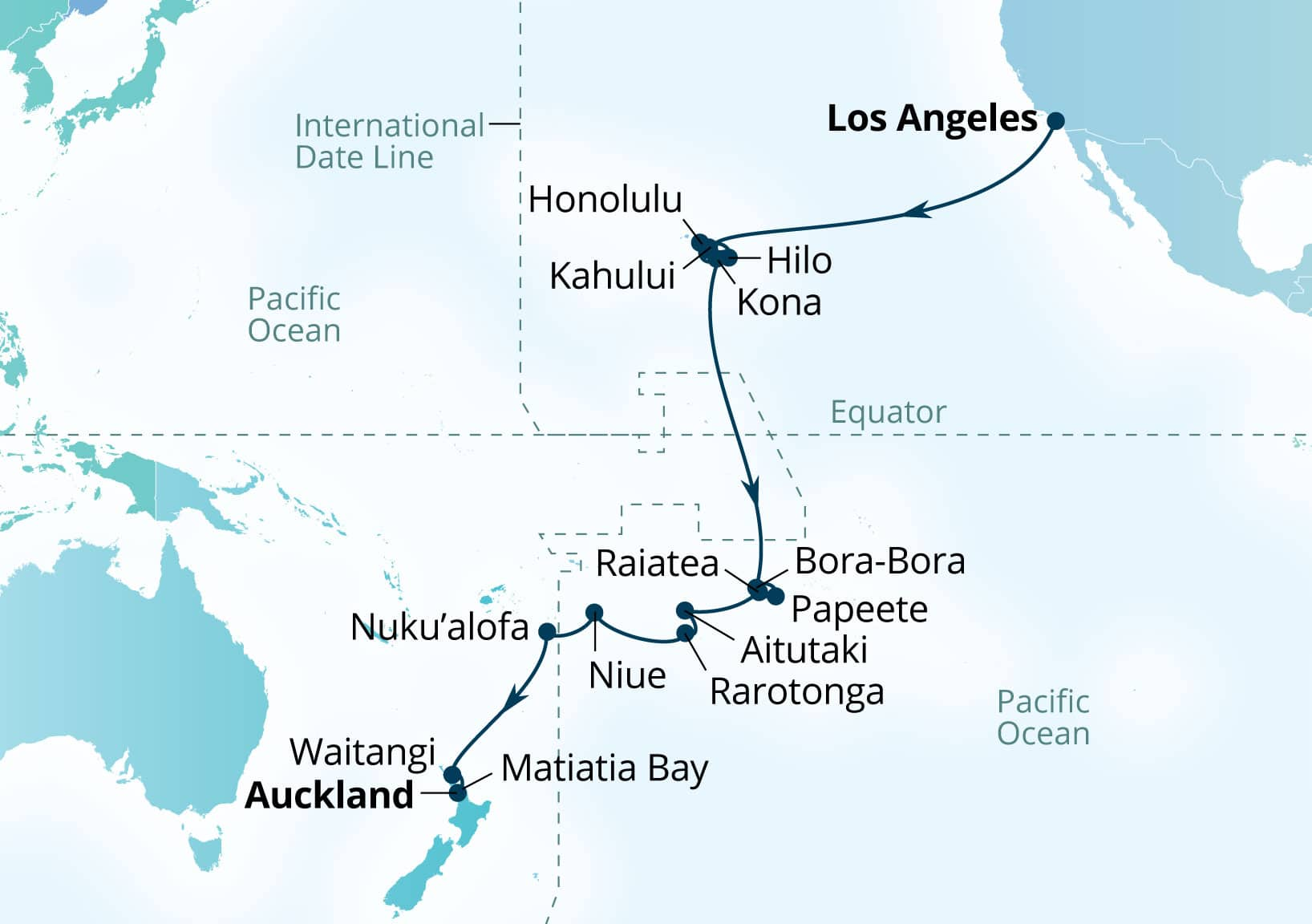 MapDepicting 32-Day Hawaii & South Pacific Discovery Departs Auckland, New Zealand Arrive Los Angeles, California, US