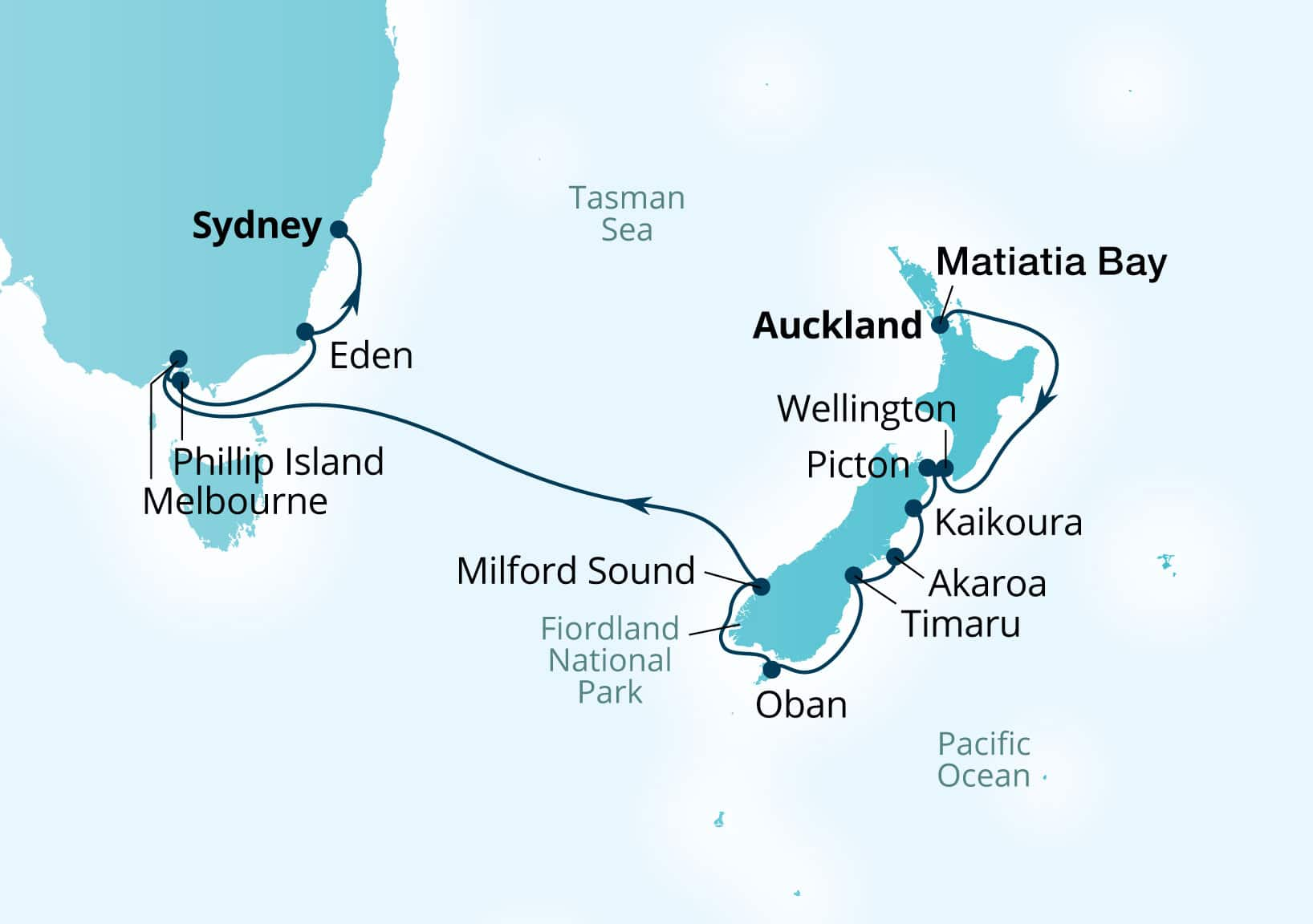 MapDepicting 17-Day New Zealand Discovery & Australia Departs Sydney, Australia Arrive Auckland, New Zealand