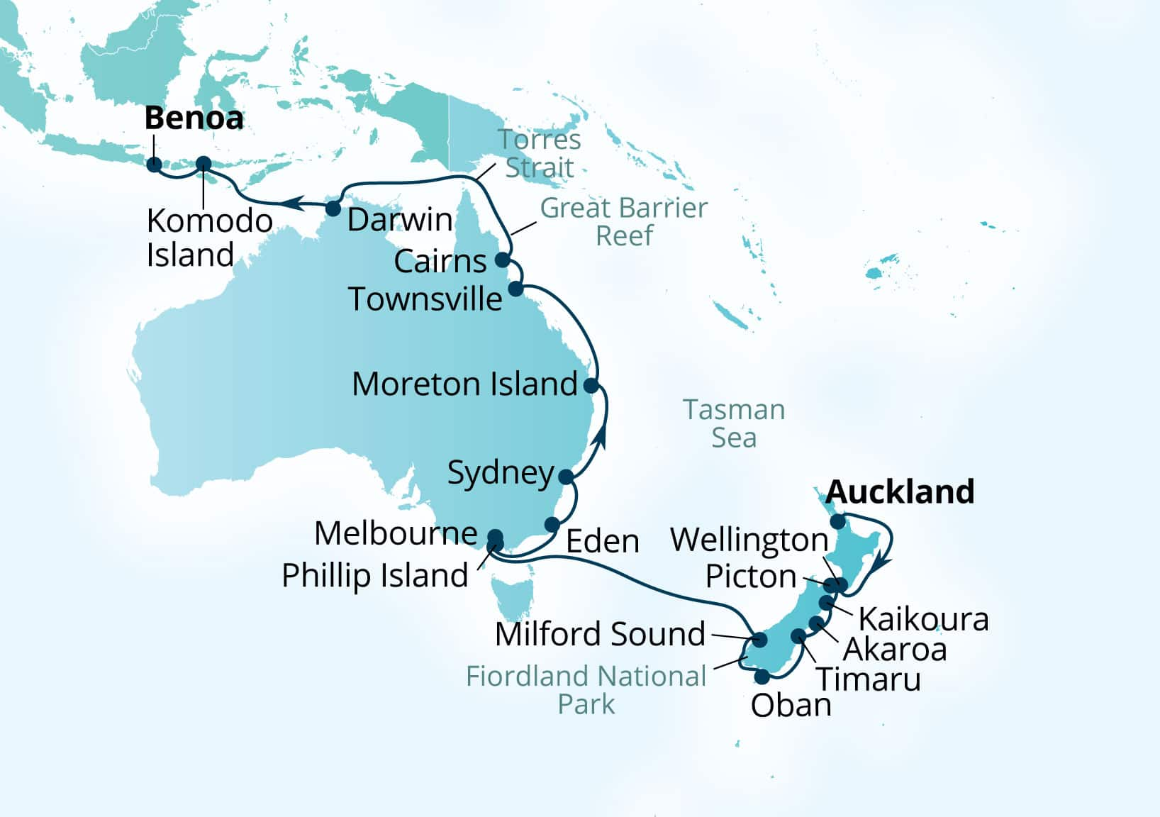 MapDepicting 33-Day New Zealand, Australia & Indonesia Departs Benoa (Denpasar), Bali, Indonesia Arrive Auckland, New Zealand