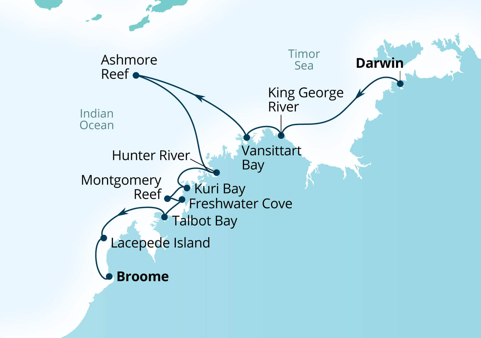 MapDepicting 11-Day Kimberley Expedition: Waterfalls & Wanjinas Departs Broome, Western Australia, Australia Arrive Darwin, Australia